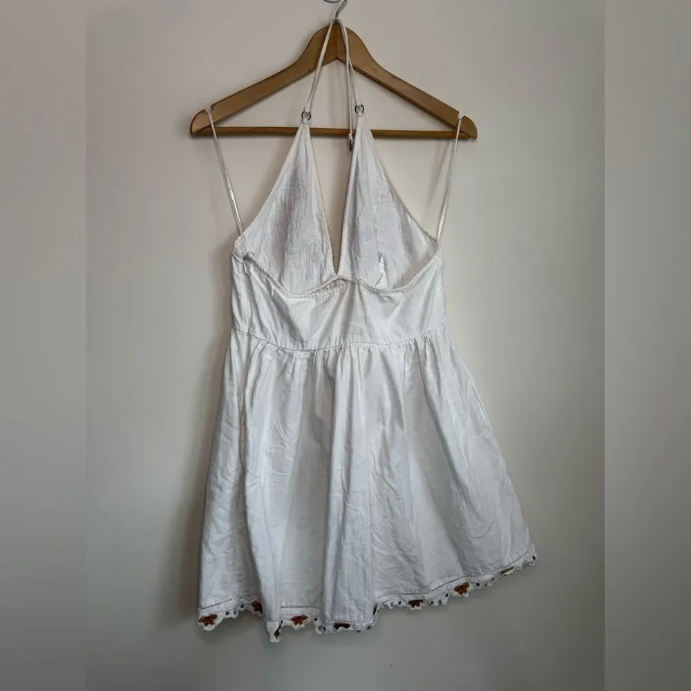 Free People White Mini Dress with Floral Embroidery Medium